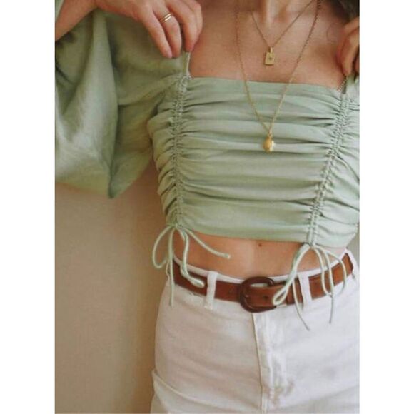 Free People laria Blouse Pleated Adjustable Drawstring Puff Sleeve bright Mint g - Picture 14 of 15